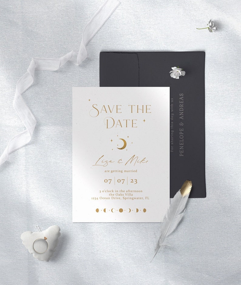 Minimalist Celestial Save the Date, White and Gold Invite, Moon and Stars Theme, Moon Phases, Under the Stars Union, White Celestial Wedding image 2