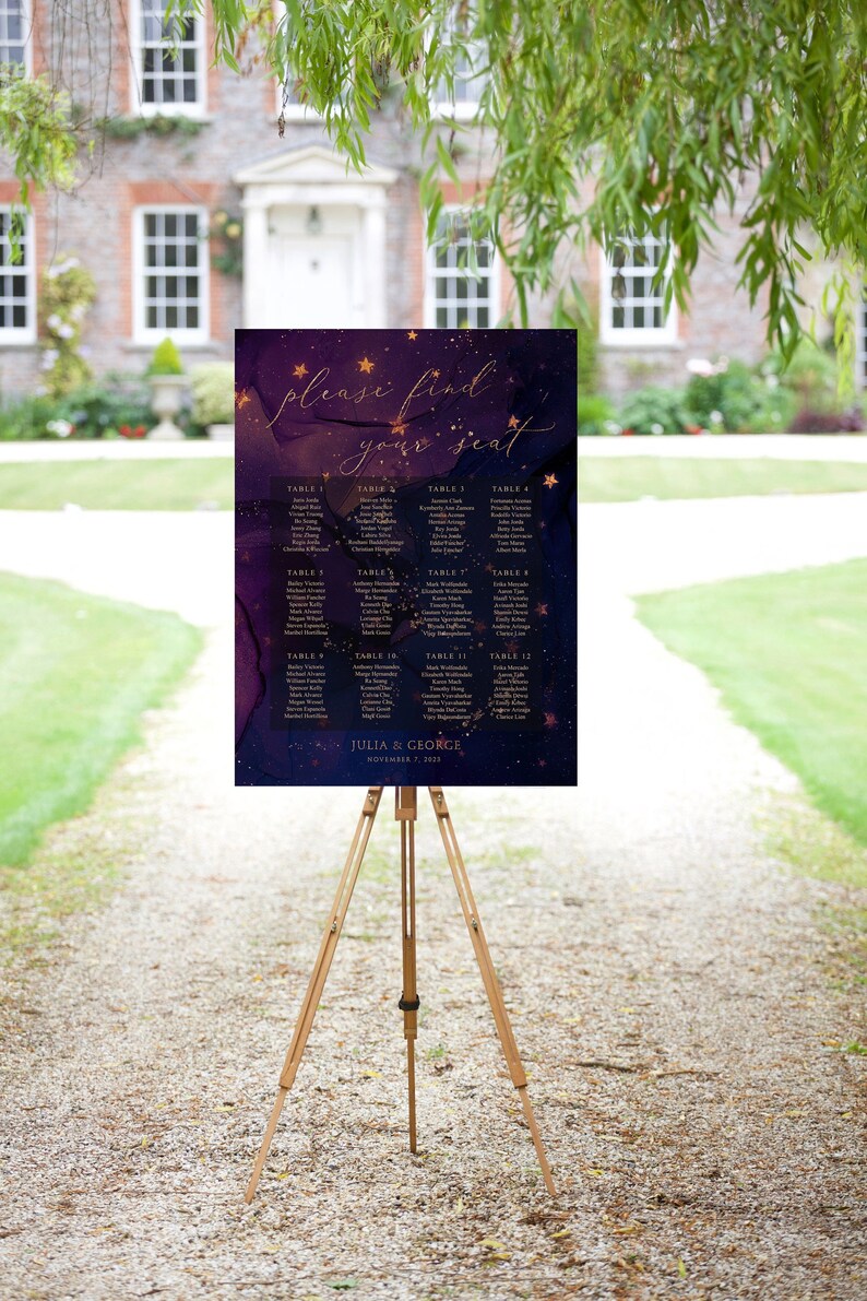 Abstract Galaxy Seating Plan, Wedding Seating Chart, Dark Purple ...