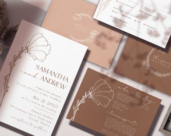 Minimalist Wedding Invitation Template Set, Botanical Floral Wedding Invitation Template Download, Editable Invitation Set Neutral, Tuscany