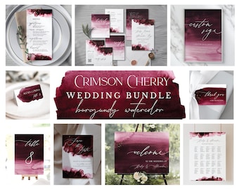 Crimson Cherry Wedding Bundle, Merlot Wedding, Burgundy Watercolor Large Wedding Template Bundle, Printable Maroon and Gold Wedding Bundle