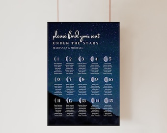 Under the Stars Seating Chart,  Blue Watercolor Night Sky, Starry Galaxy, Starry Night Wedding, Celestial Wedding Decor, Celestial Seating