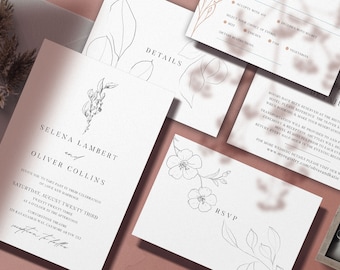 Botanical Minimal Wedding Invitation Template Set, Botanical Floral Wedding Invitation Template Download, Simple Invitation Set, Botany