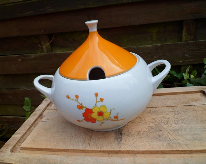 Soup Tureen Vintage Floral Soup Tureen Orange and Yellow, Year 70