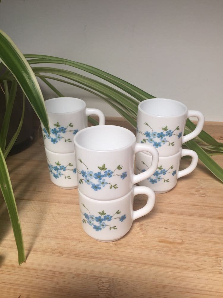 Lot De 6 Grandes Tasses à Café Arcopal France – Motif Myosotis – H 8 Cm