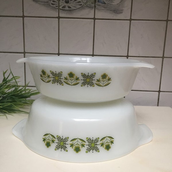 2 plats Casseroles vintage ANCHOR HOCKING/Motif Meadow Green