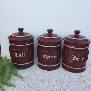 3 enamelled sheet metal spice jars/Vintage decoration/Kitchen decoration