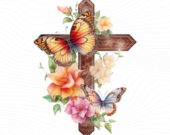 Floral Cross PNG Clipart: Christian Digital Art (Digital Download)