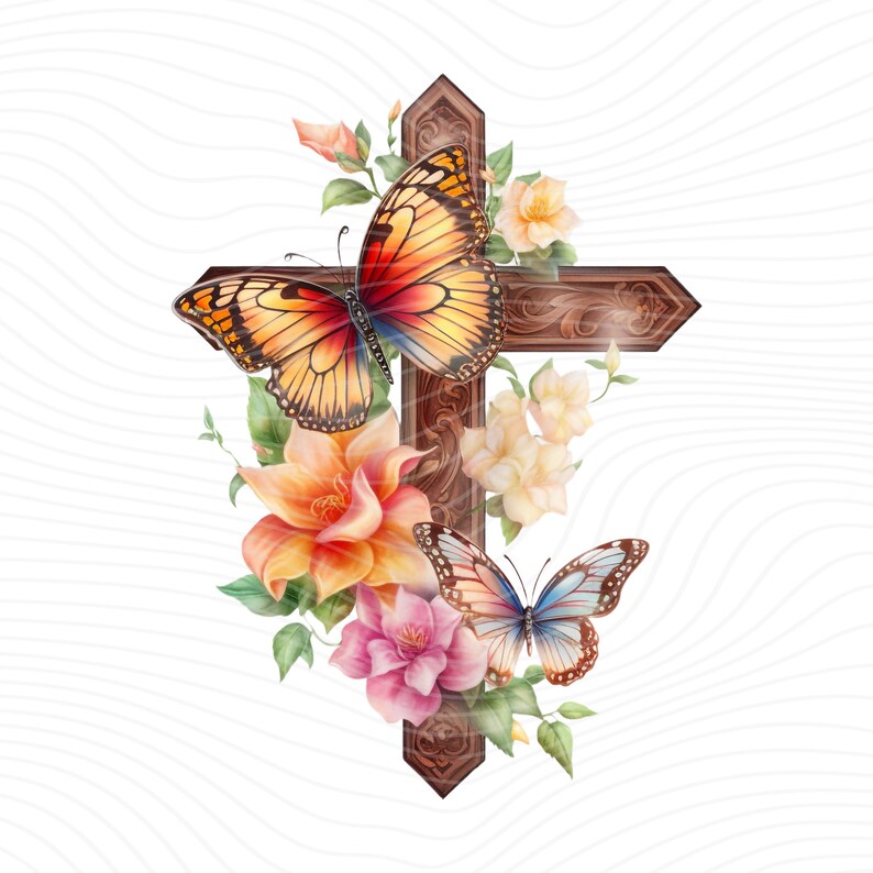 May include: A wooden cross with intricate carvings is adorned with delicate flowers and butterflies. The flowers are in shades of pink, orange, and yellow, while the butterflies have orange and blue wings.