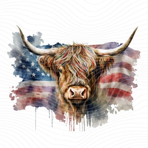 Highland Cow Watercolor Clipart: American Flag PNG (Digital Download)