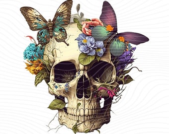 Vintage schedelbloem vlinder png: sublimatieontwerp (digitale download)