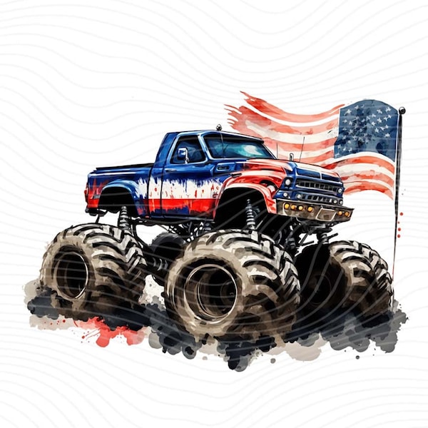 Monster Truck Flag Clipart, Semi Truck America Flag  Watercolor, Semi Truck Flag PNG - Digital Download