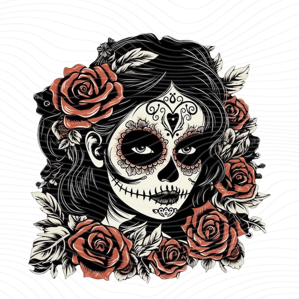 Sugar Skull Girl Clipart, Day of the Dead Sugar Skull PNG, Mexican Chicana Dia De Los Muertos PNG - Digital Download