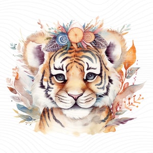 Boho Watercolor Tiger Clipart: Nursery PNG (Digital Download)