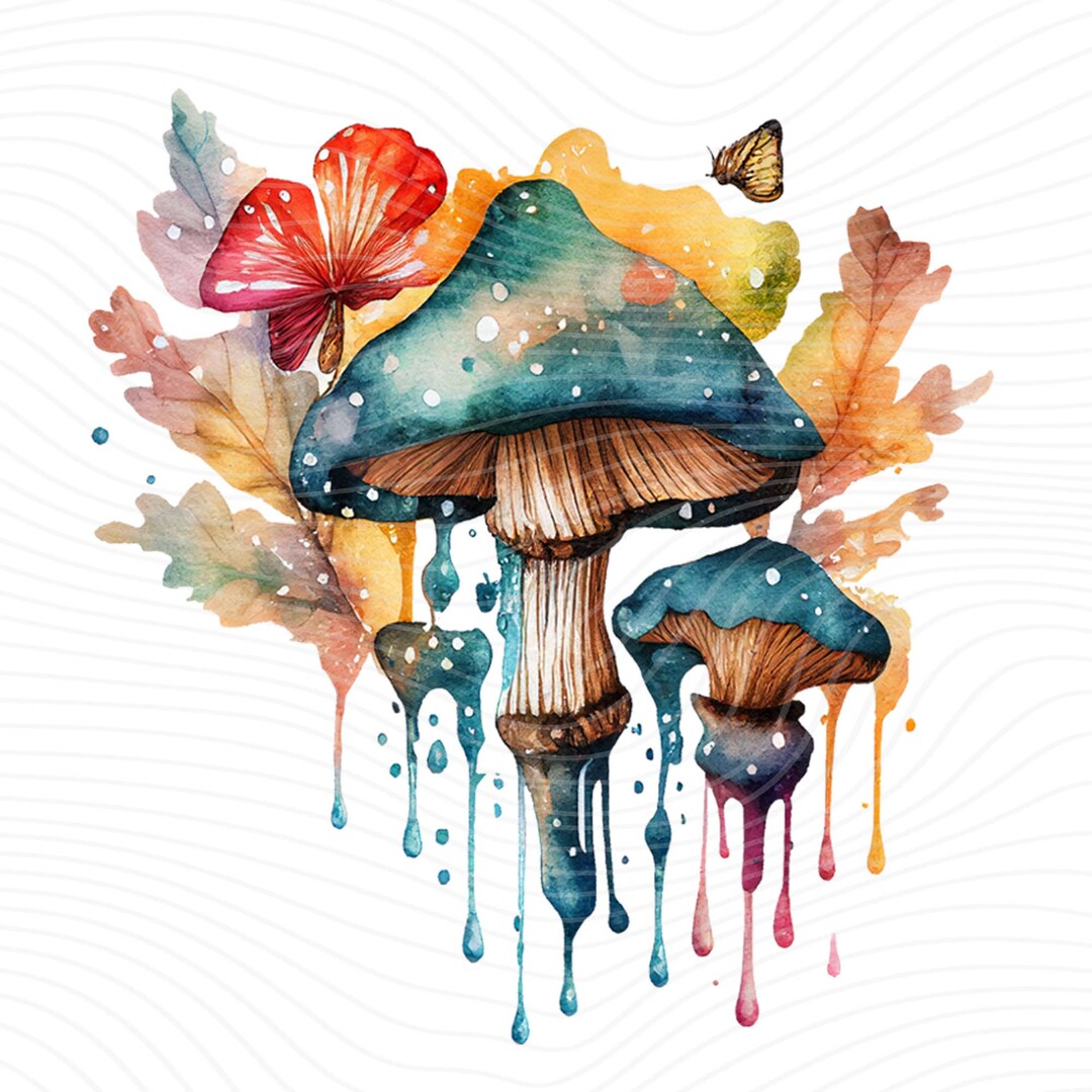 Dripping Mushroom Butterflies Clipart, Mushroom Watercolor, Mushroom PNG Digital Download Etsy