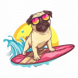 Pug Dog Surfing Wearing Cool Sunglass PNG, Pug Dog PNG,Summer Sublimation Design - Digital Download