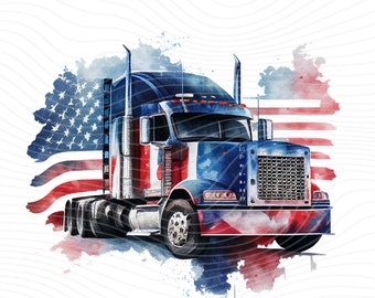 American Flag Semi Truck Watercolor Clipart (Digital Download)