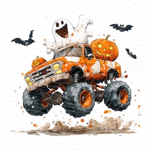 May include: An orange and white monster truck with large tires, a smiling ghost, and two jack-o'-lanterns. Bats fly around the truck, which is kicking up dirt. A fun Halloween-themed illustration.