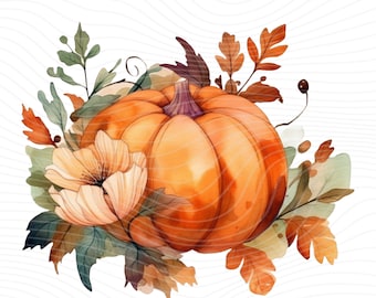 Floral Pumpkin Watercolor Clipart: Autumn PNG (Digital Download)