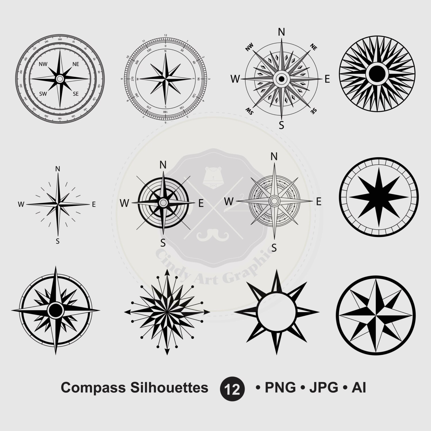 Compass Silhouettes Clipartcompass clipartsilhouettes | Etsy