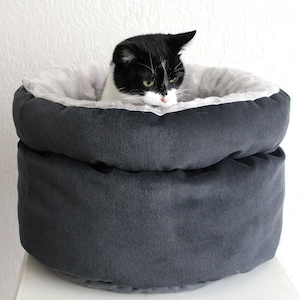 Cat furniture bed grey faux fur, luxury snuggle cat bed sack Wolfie, plush cat bed, small dog bed, cat den, cat house