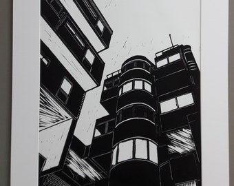 Milford Towers - original lino print