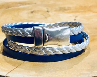 Blue and silver leather bracelet