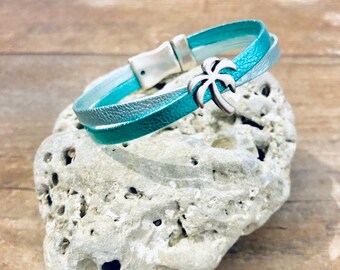 Bracelet en cuir de haute qualité bleu turquoise et fantaisie palmier