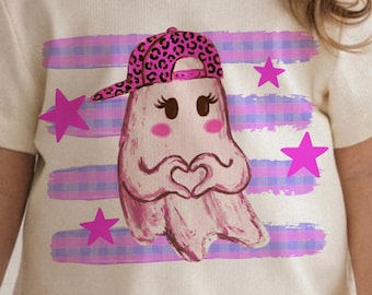 Fantasma Leopardo PNG, Camiseta Infantil de Halloween, Fantasma Fofo com Boné de Leopardo, Estrelas Rosa, Download Digital para Crianças da Temporada Assustadora