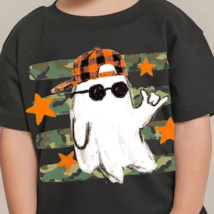 Boys Halloween PNG featuring a hand-drawn ghost with orange plaid cap and sunglasses