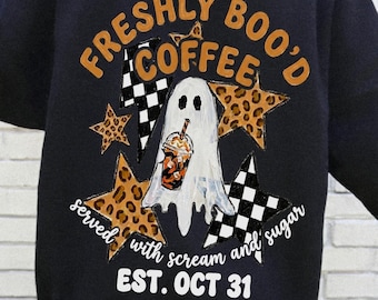Freshly Boo'd Coffee PNG, Maglietta di Halloween con caffè, Caffè freddo fantasma, Scream & Sugar, Stelle leopardo, Download digitale per la stagione spettrale