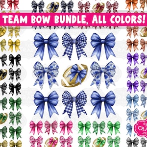 以下が含まれることがあります： さまざまな色の弓が、格子柄、水玉模様、花柄など、さまざまなパターンで並んだ5xGクラフトファイルのセットです。弓は、各行の中央にフットボールのグラフィックが配置された行に配置されています。画像の上部には「TEAM BOW BUNDLE, ALL COLORS!」というテキストが表示されています。