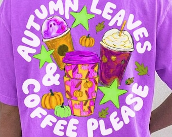 Folhas de Outono e Café, por Favor PNG, Design de Camiseta com Tema de Café de Outono, Sublimação de Abóbora com Especiarias, Outono Aconchegante