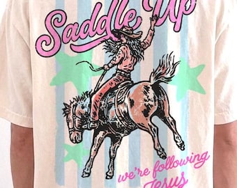Prepare-se para seguir Jesus PNG, desenho cristão de cowgirl a cavalo, gráfico de fé do Oeste, garota de rodeio, sublimação DTF country