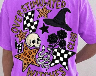 Club delle streghe iperstimolate PNG, maglietta di Halloween per ADHD, grafica di donne streghe, stelle leopardate, teschio, download digitale retrò spettrale