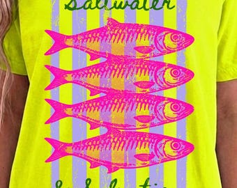 Saltwater & Salvation PNG Bundle, Coastal Christian Fish PNG, Beach Faith Shirt Design, Pink Fish Pocket Tee PNG