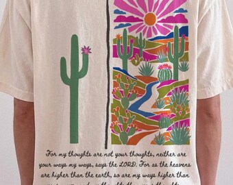 Isaías 55:8-9 PNG, Camiseta Cristã Feminina, Estampa de Cacto do Deserto com Estampa de Fé, Camiseta com Versículo Bíblico do Sudoeste Americano, Estampa Colorida de Versículo Bíblico nas Costas