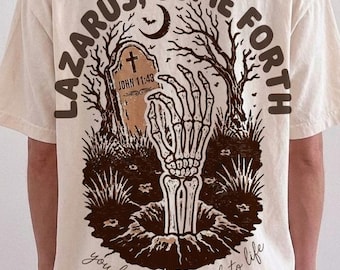 Lazzaro vieni fuori PNG, maglietta cristiana di Halloween, Giovanni 11:43, design di fede della resurrezione, scheletro del cimitero, Gesù autunnale PNG