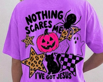 Niente mi spaventa, ho Gesù PNG, maglietta cristiana di Halloween, zucca fantasma ragno, design a sublimazione autunnale a tema fede