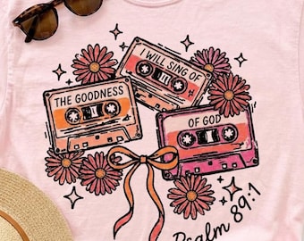 Eu Cantarei a Bondade de Deus PNG, Salmo 98:1 Camiseta Cristã, Design Retrô de Fita Cassete com Estampa de Fé, Gráfico Floral Vintage para Adoração