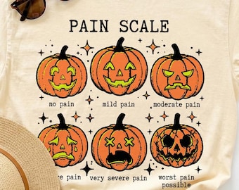 Scala del dolore PNG, design per maglietta da infermiera di Halloween, grafico del dolore a forma di zucca, umorismo medico, operatore sanitario, grafica spettrale a sublimazione