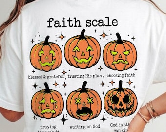 Scala della fede PNG, maglietta cristiana di Halloween, grafica della fede con zucca, fiducia in Dio, benedetto e grato, design digitale per la stagione spettrale
