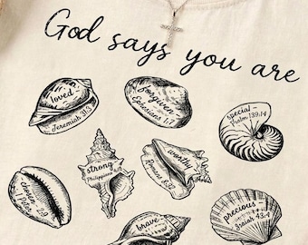 God Says You Are svg and PNG Bundle, Christian Seashell PNG, Coastal Faith DXF File, Beach Bible Verse Cut Design