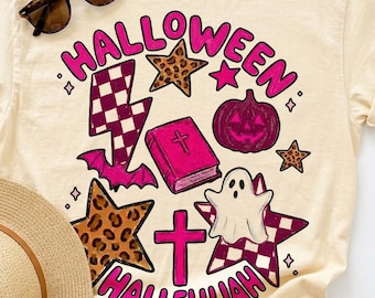 Halloween Hallelujah PNG, maglietta cristiana di Halloween, design spettrale a tema fede, zucca fantasma con croce, leopardo e stelle, download digitale