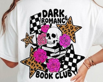 Club del libro Dark Romance PNG, Amante dei libri con teschi gotici, Lettore di romanzi rosa, Rose e stelle leopardo, Sublimazione di lettura spettrale
