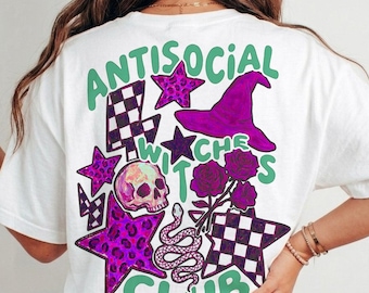Antisocial Witches Club PNG, maglietta da strega di Halloween, stelle leopardate, scacchiera, teschio, download digitale gotico femminile spettrale stagione