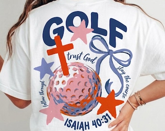 Camiseta de golfe feminina com estampa cristã em PNG, versículo bíblico de Isaías 40:31, ideal para presentear uma golfista. Estampa ideal para sublimação e presente perfeito para jogadoras de golfe.