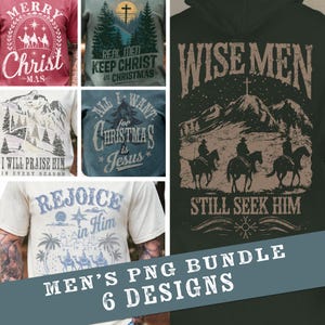 May include: A collection of six t-shirt designs with religious themes. The shirts feature text and graphics, including phrases like "Merry Christ-Mas," "Wise Men Still Seek Him," and "All I Want for Christmas is Jesus." The designs are in various colors.