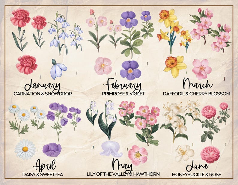 Puede incluir: Una ilustraci&oacute;n de estilo vintage de flores que representan cada mes del a&ntilde;o. Enero presenta claveles y campanillas de invierno, febrero presenta pr&iacute;mulas y violetas, marzo presenta narcisos y flores de cerezo, abril presenta margaritas y guisantes de olor, mayo presenta lirios del valle y espino blanco, y junio presenta madreselva y rosas.