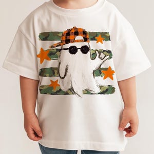 Camo ghost shirt design for boys with stars and cool ghost character