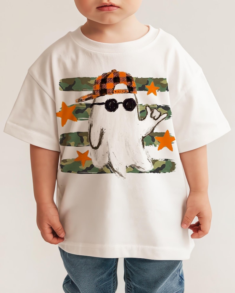 Camo ghost shirt design for boys with stars and cool ghost character